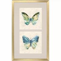 33" x 20" Small and Medium Blue Butterflies Botanical Framed Print Under Glass