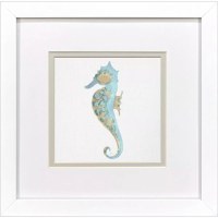 11" Sq Turquoise and Tan Seahorse Coastal Framed Print Under Glass