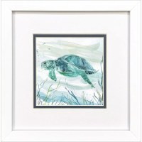 11" Sq Green Sea Turtle Swimming Level Coastal Framed Print Under Glass