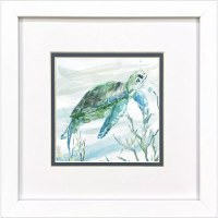 11" Sq Green Sea Turtle Swimming Upwards Coastal Framed Print Under Glass