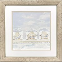 19" Sq Three Blue Beach Cabanas Coastal Framed Print Under Glass