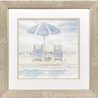 19" Sq Two Blue Beach Chairs Coastal Framed Print Under Glass