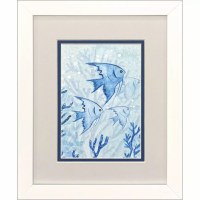 11" x 9" Small Coral With Blue Fish Coastal Framed Print Under Glass