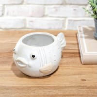 5" White and Beige Fish Shaped Ceramic Pot