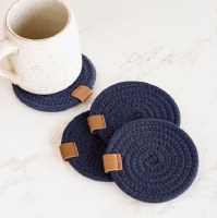 Set of Four 4" Round Navy Blue Cotton Coasters