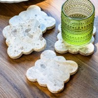 Set of Four 4" Sq Beige Leopard Marble Scallop Coasters