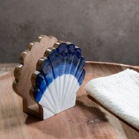 5" Blue and White Shell Shaped Wood Upright Napkin Holder