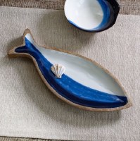 13" Blue and White Fish Shaped Wood Platter