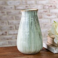11" Green and White Stripe Ceramic Vase