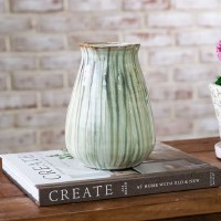 7" Green and White Stripe Ceramic Vase