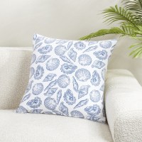 20" Sq Blue Sea Shells on White Coastal Pillow