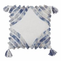 18" Square Ivory and Blue Fringe Tassle Pillow