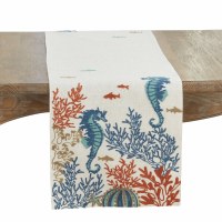 70" Blue Seahorse and Coral Embroidered Coastal Table Runner