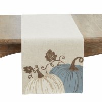 70" Blue and Cream Embroidered Table Runner Fall and Thanksgiving