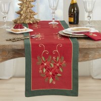16" x 72" Red Poinsetta With a Green Border Christmas Table Runner