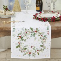 16" x 72" Red Berries and Holly Wreath Christmas Table Runner
