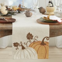 70" Orange and Cream Embroidered Table Runner Fall and Thanksgiving