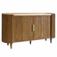 65" Brown Ribbed Two Door and White Marble Top Oval Credenza