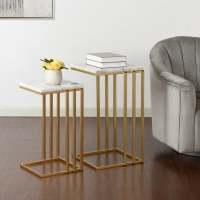 Set of Two 15" White Marble Top and Gold Legs Nesting End Tables