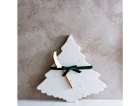 13" White Marble Christmas Tree Serving Board With a Knife