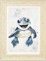 32" x 24" Coastal Blue Happy Sea Turtle Hatchling Gel Textured Print in a Distressed Sand Frame