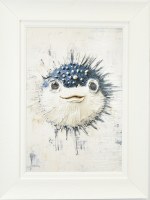 32" x 24" Coastal Blue Puffer Fish Gel Textured Print in a White Frame