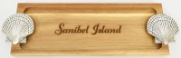 6" x 17" "Sanibel Island" Scallop Shell Handle Wood Tray With Scallop Shell Picks