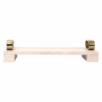 8" x 18" Beige Travertine Decorative Tray With Gold Metal Handles