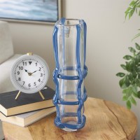 16" Clear and Blue Glass Grid Vase