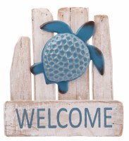 12" Blue Turtle Ceramic and Wood "Welcome" Plaque