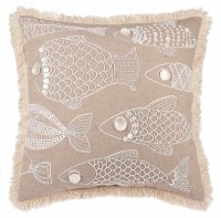 18" Sq Beige and White School of Fish Embroidered Pillow