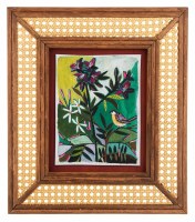 16" x 14" Multicolor Yellow Bird Cane Framed Floral Print