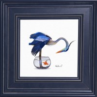 20" Sq Blue Heron Standing in a Fish Bowl Gel Textured Print in a Dark Blue Double Frame