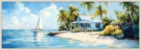 22" x 62" Beach House With a Sailboat Coastal Canvas Framed