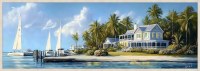 22" x 62" Three Boats and an Island House Coastal Canvas Framed