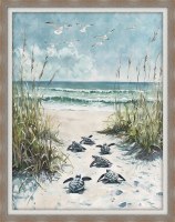 44" x 34" Sea Turtle Hatchlings 1 Gel Textured Coastal Print in a Brown Wood Grain Frame