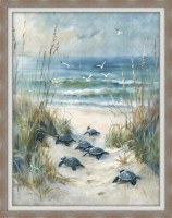 44" x 34" Sea Turtle Hatchlings 2 Gel Textured Coastal Print in a Brown Wood Grain Frame