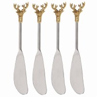 Set of Four 6" Gold Reindeer Heads and Silver Stainless Steel Spreaders