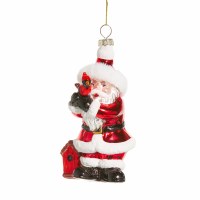 4" Red Santa With a Cardinal and a Bird House Glass Ornament