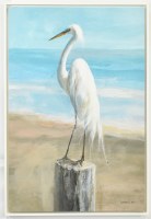 37" x 25" White Egret Facing Right on the Beach Coastal Canvas in a White Frame