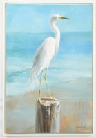 37" x 25" White Egret Facing Left on the Beach Coastal Canvas in a White Frame