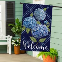 Large "Welcome" Dark Blue Hydrangea Flag