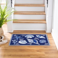 24" x 36" Dark Blue Seashells Washable Coastal Floor Mat