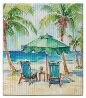 8" x 7" Swedish Two Beach Chairs Under an Umbrella Coastal Dish Cloth