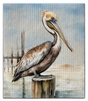 8" x 7" Swedish Brown Pelican on a Piling Coastal Dish Cloth