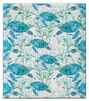 8" x 7" Swedish Blue Sea Turtles With Seaweeed Coastal Dish Cloth