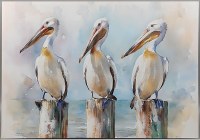 24" x 36" Three Pelicans on Posts Coastal Canvas