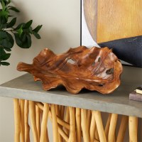 13" x 20" Brown Leaf Teak Wood Decorative Tray