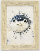 19" x 15" Puff! Pufferfish Gel Textured Coastal Print in a Distressed Sand Frame