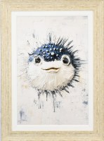 45" x 33" Puff! Pufferfish Gel Textured Coastal Print in a Ditressed Sand Frame